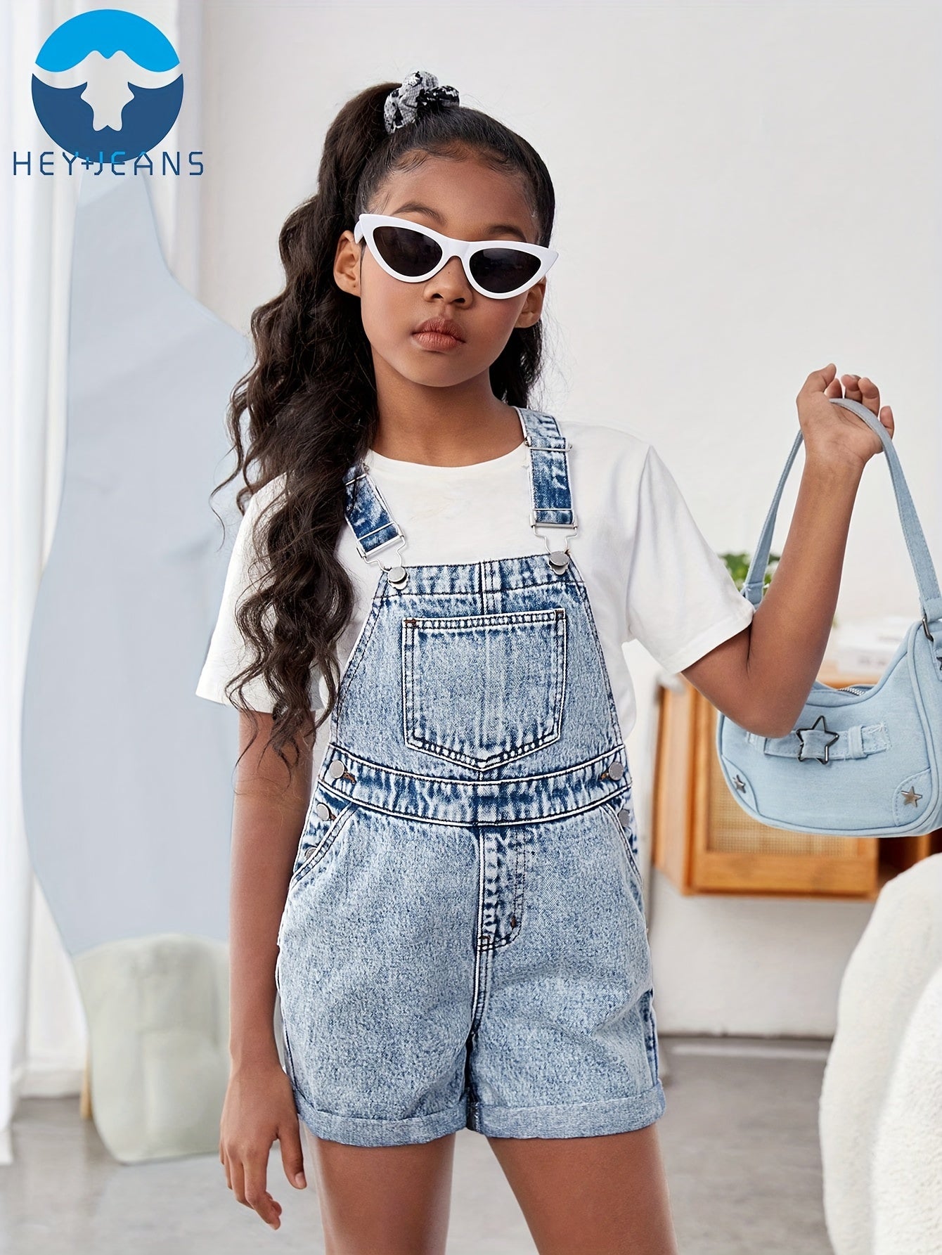 HEY+JEANS Girls' Trendy Cotton Denim Suspender Shorts - Versatile, Casual, and Comfortable for Spring, Summer, and Fall Outdoors with Adjustable Straps and Classic Design