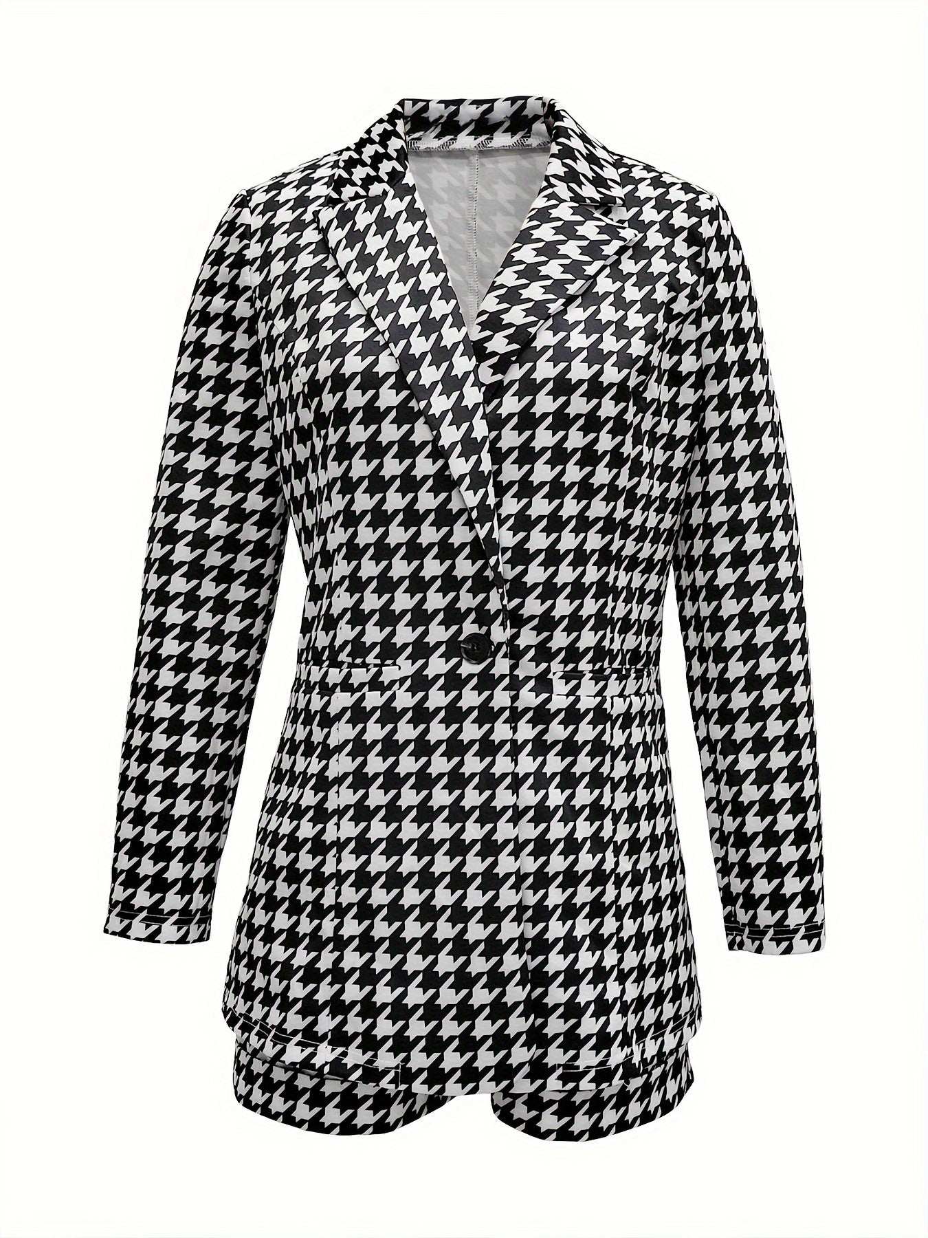 Single Breasted Elegant Houndstooth Pattern Women's Clothing: Long Sleeve Shawl Collar Blazer & High Waist Aline Shorts Set