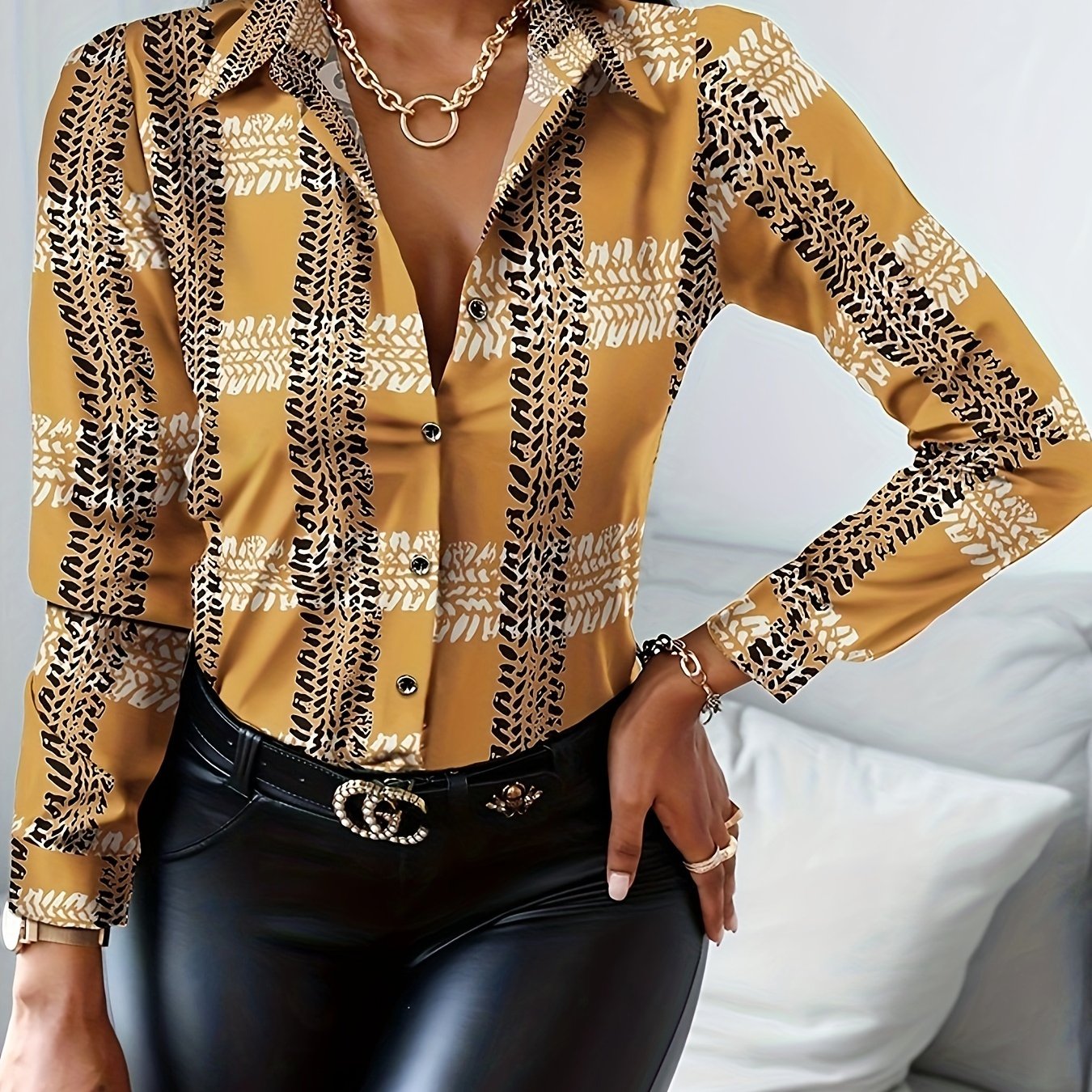 Elegant Long Sleeve Plaid Print Button Up Shirt for Women, Perfect for Spring & Fall Seasons