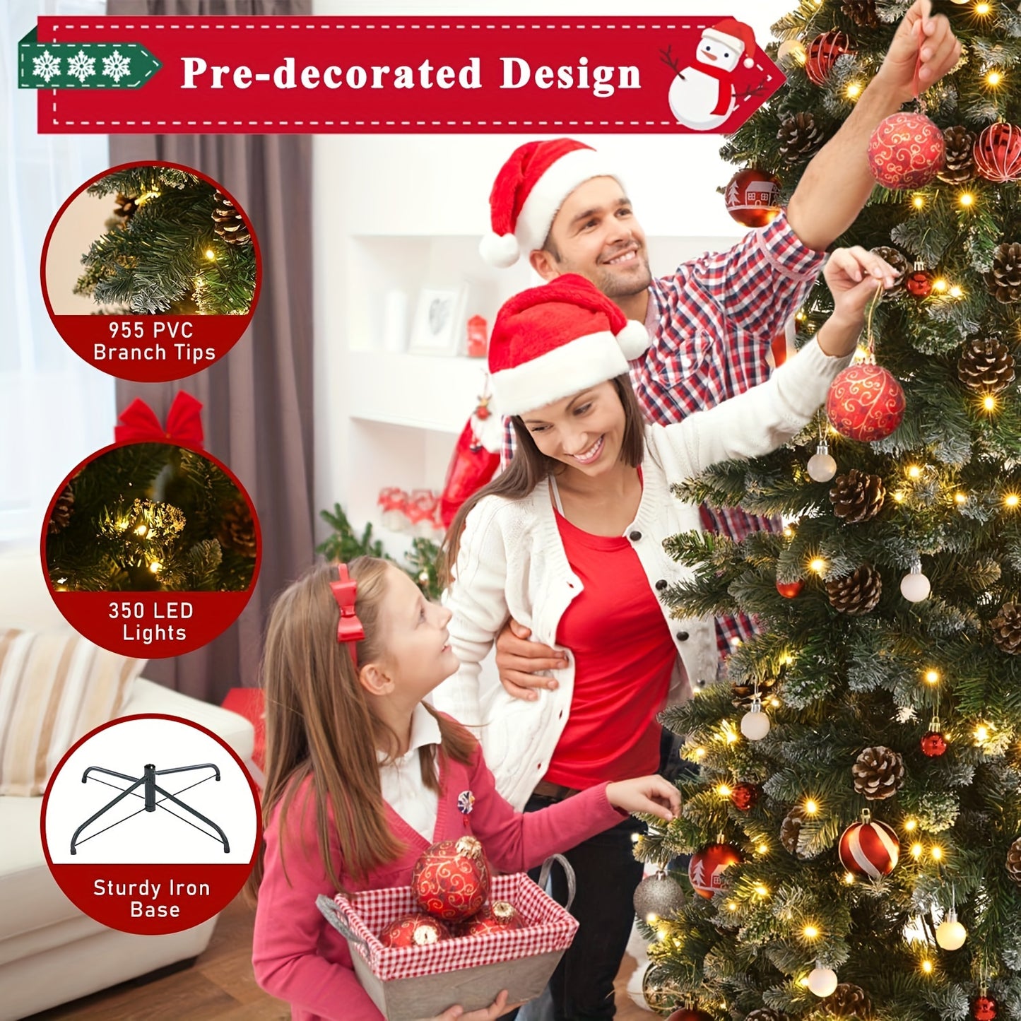 350/400 LED Pre-Lit Pencil Christmas Tree – 6.5FT/7.5FT Artificial Snow Flocked Design with Pine Cones & Metal Base