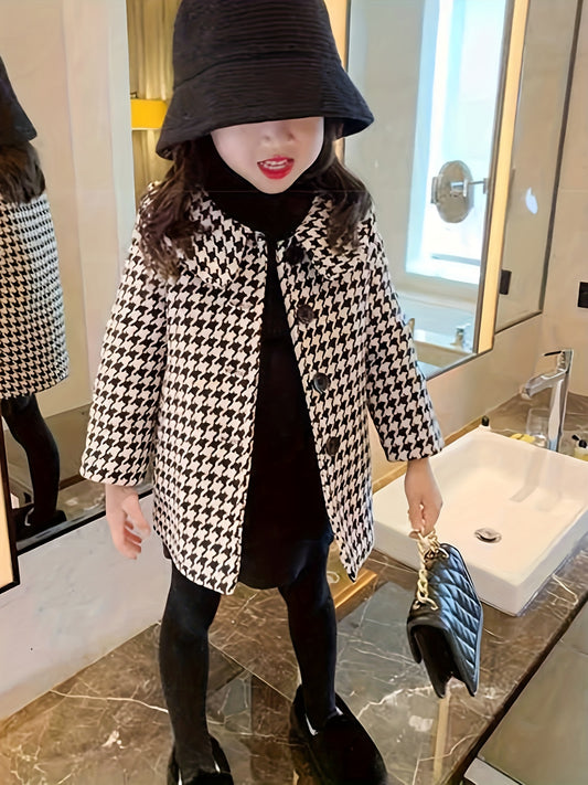 Elegant Houndstooth Dress Coat for Girls, Polyester Lapel Collar Flared Long Sleeve Single Button Coat, Spring/Autumn Mid-Length Children's Outerwear with Button Details - Non-Stretch Regular Fit