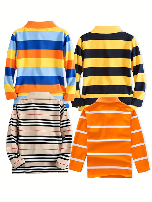 4pcs Boys’ Multi-Color Striped Long Sleeve Lapel T-Shirts – Stylish & Comfortable Summer Tops