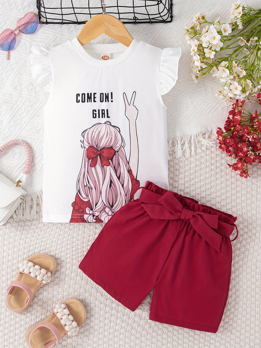 2-Piece Girls’ Summer Set – ‘Come On Girl’ Graphic Ruffle Sleeve Top + Belted Shorts