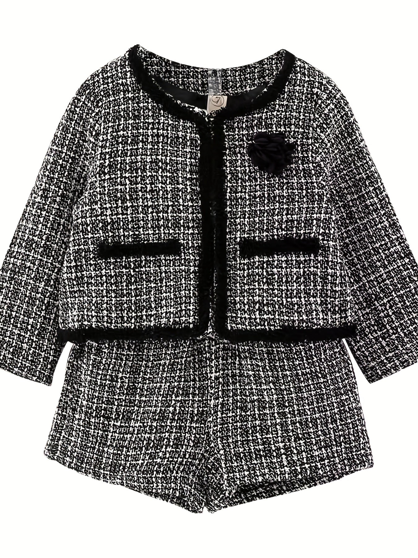 2pcs Girls’ Elegant Tweed Outfit – Floral Decor Jacket & Shorts Set