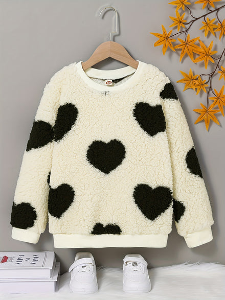 Elegant Crew Neck Fleece Sweatshirt with Heart Pattern, Polyester Knit Fabric — view 1 of outerwear