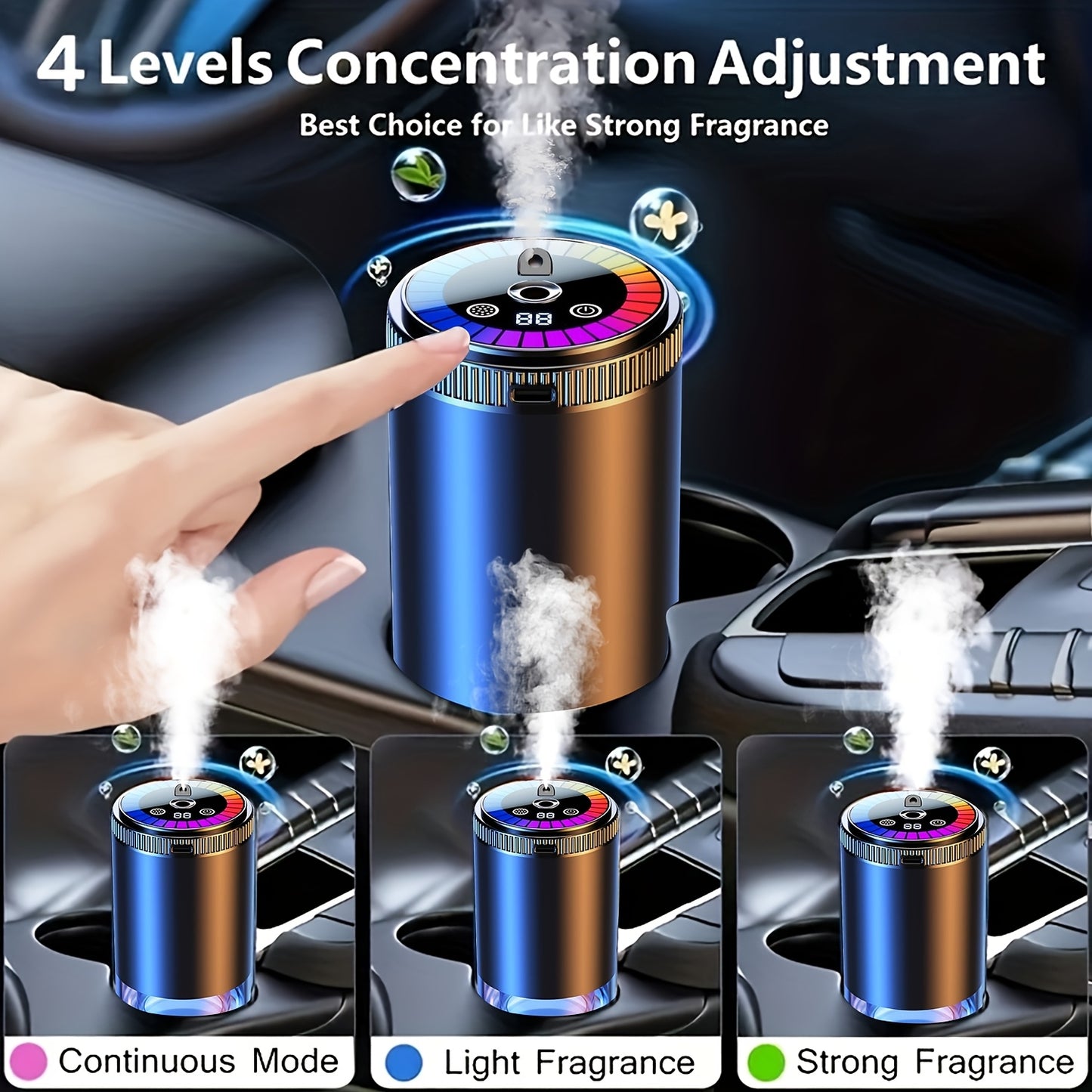 Smart Car Air Freshener with Aromatherapy Features, Featuring a Dynamic Light Display And a Starry Sky Mode. It Uses Natural French Scented Essential Oils Or Perfumes, Allows for Adjustable Fragrance Strength