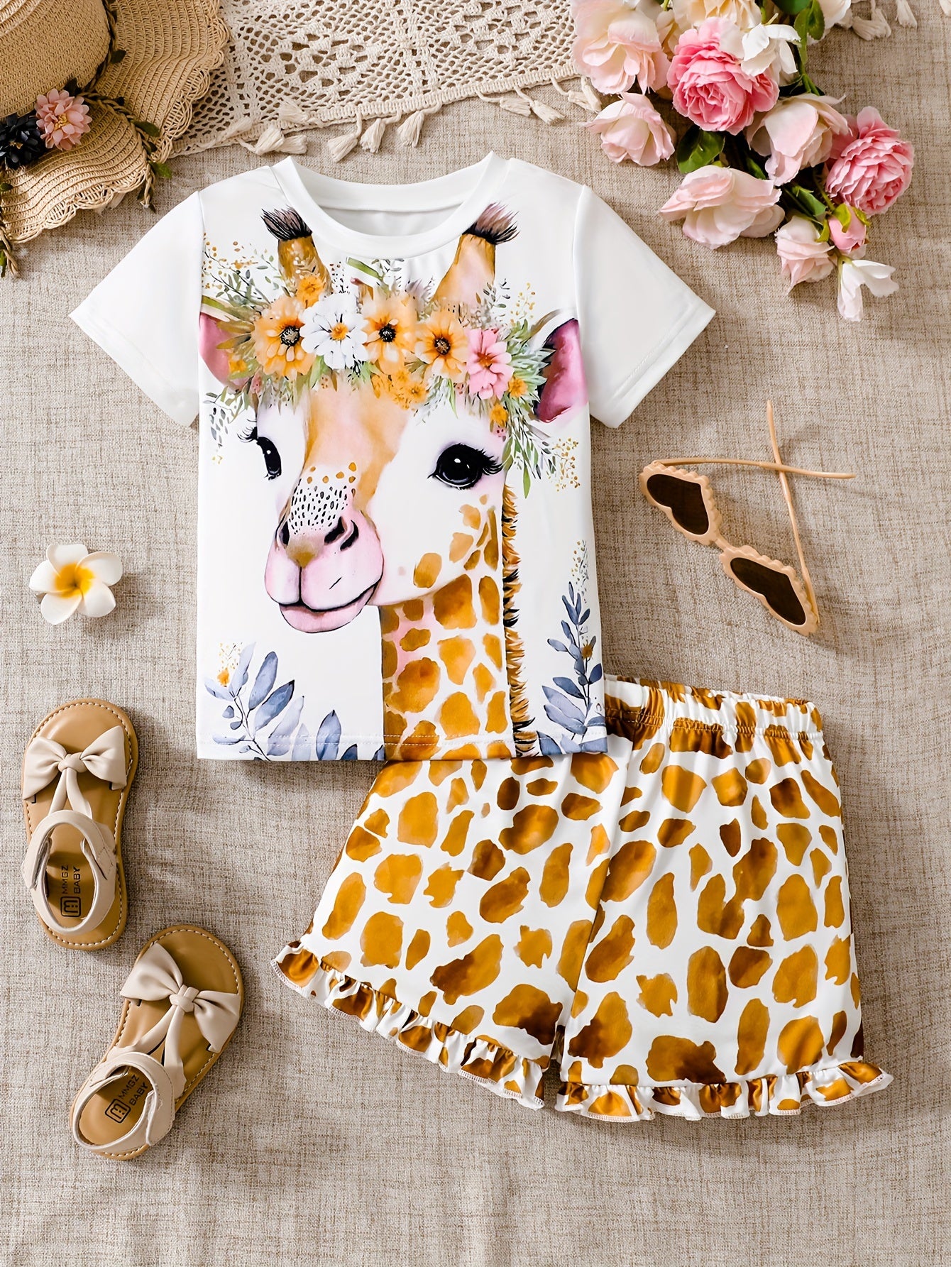 2pcs Cartoon Giraffe Print Girls T-Shirt Pullover + Shorts