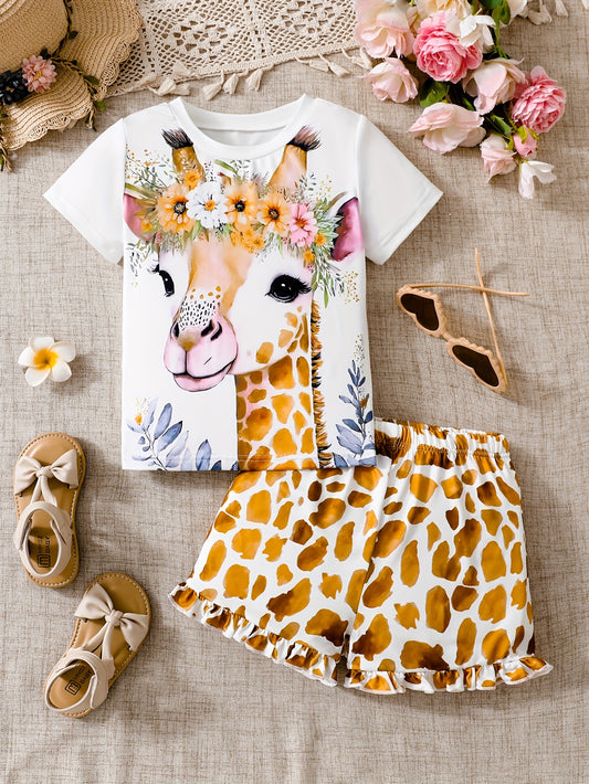 2pcs Girls’ Cartoon Giraffe Print Outfit – T-Shirt Pullover & Shorts Set