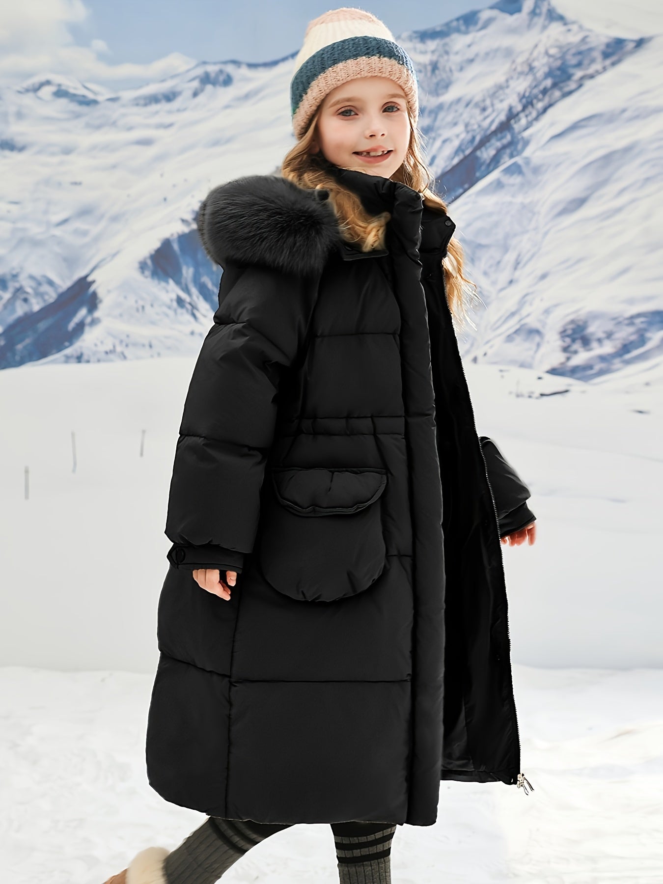 Girls Winter Long Hooded Coat With Large Pockets, Elegant Style Furry Hooded Coldproof Long Snow Suits