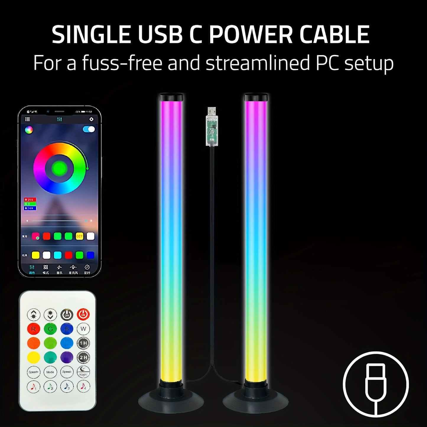 2PCS RGBIC Light Bars – App & Remote USB Mood Lights with Music Sync (16M Colors, 8 Modes)