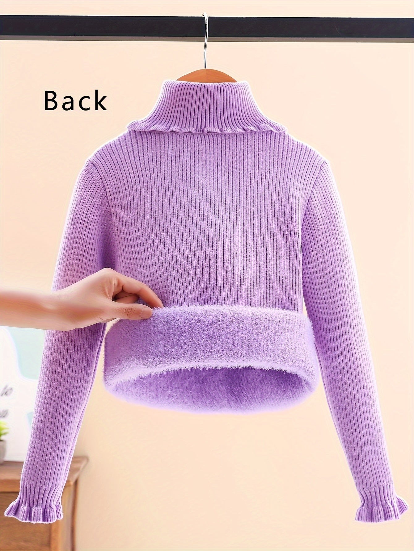 Girls' High Collar Sweater Casual Style with Solid Pattern And Long Sleeves, Slightly Stretchy Knitted Fabric with Elegant Detail