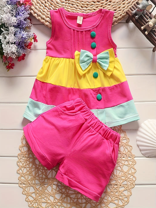 Baby girl fashion summer bow patchwork vest shorts two-piece set of western-style outfits