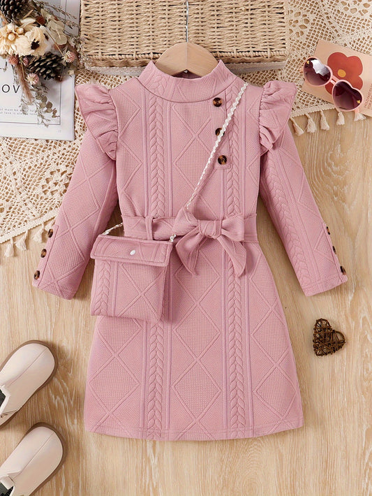 Long Sleeve Solid Color Girls Trendy Flying Sleeve Straight Dress + Belt + Bag for Spring and Autumn