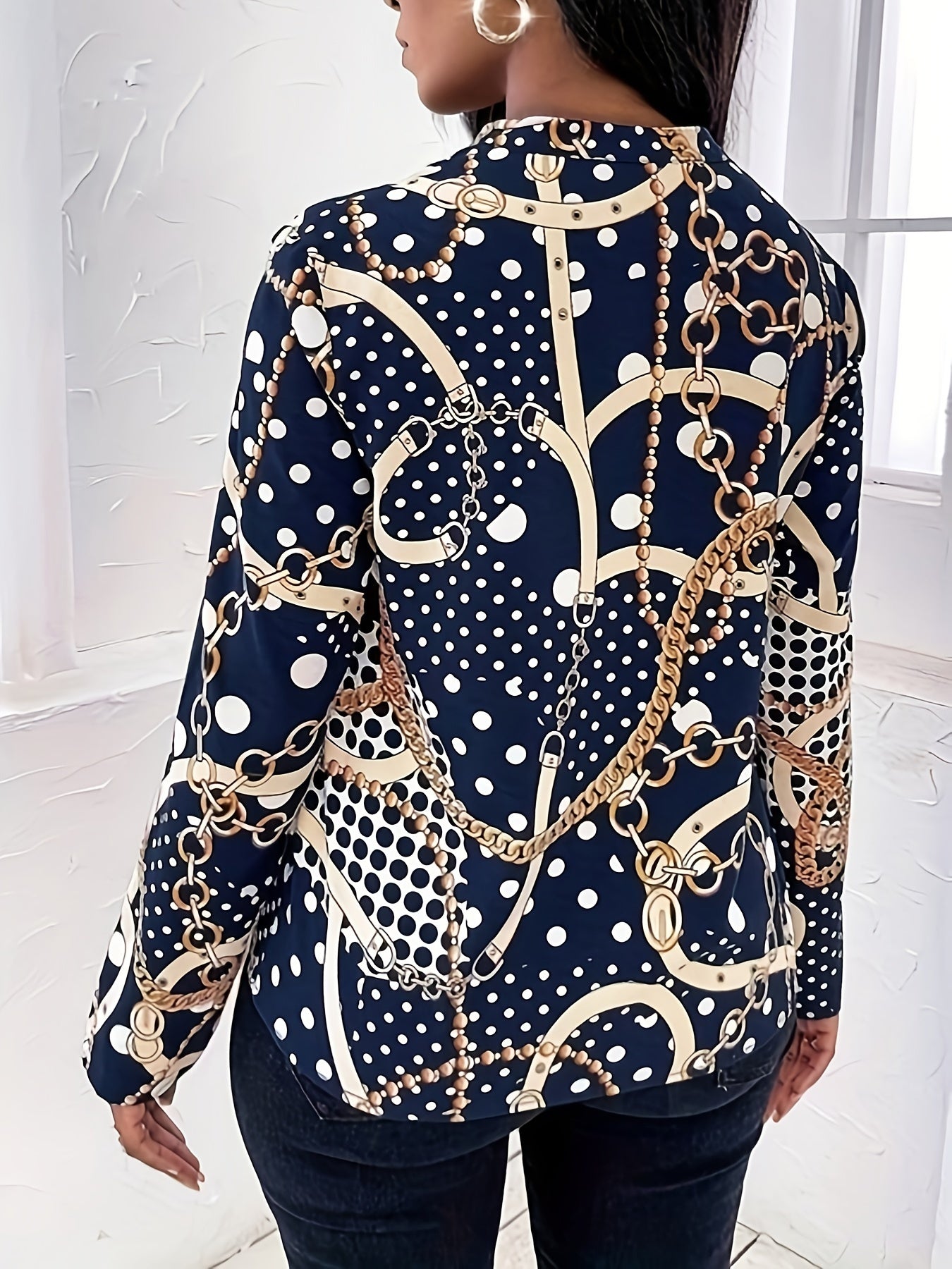 Vibrant Chain Print Notched Neck Blouse - Elegant Long Sleeve Loose Fit for Spring & Fall, Flowy Women's Clothing with Casual Chic Style