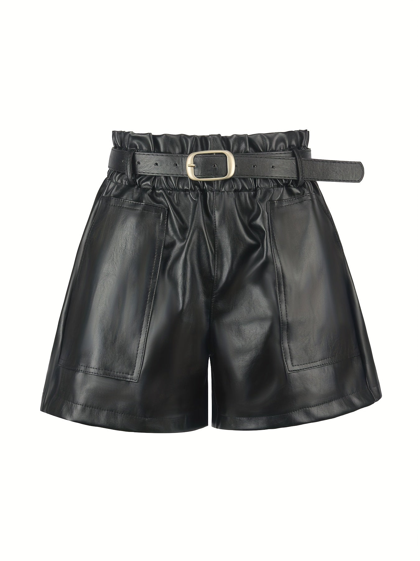 Faux Leather Shorts High Waisted Elastic Band Belted Shorts Flared Leg Faux Leather Shorts