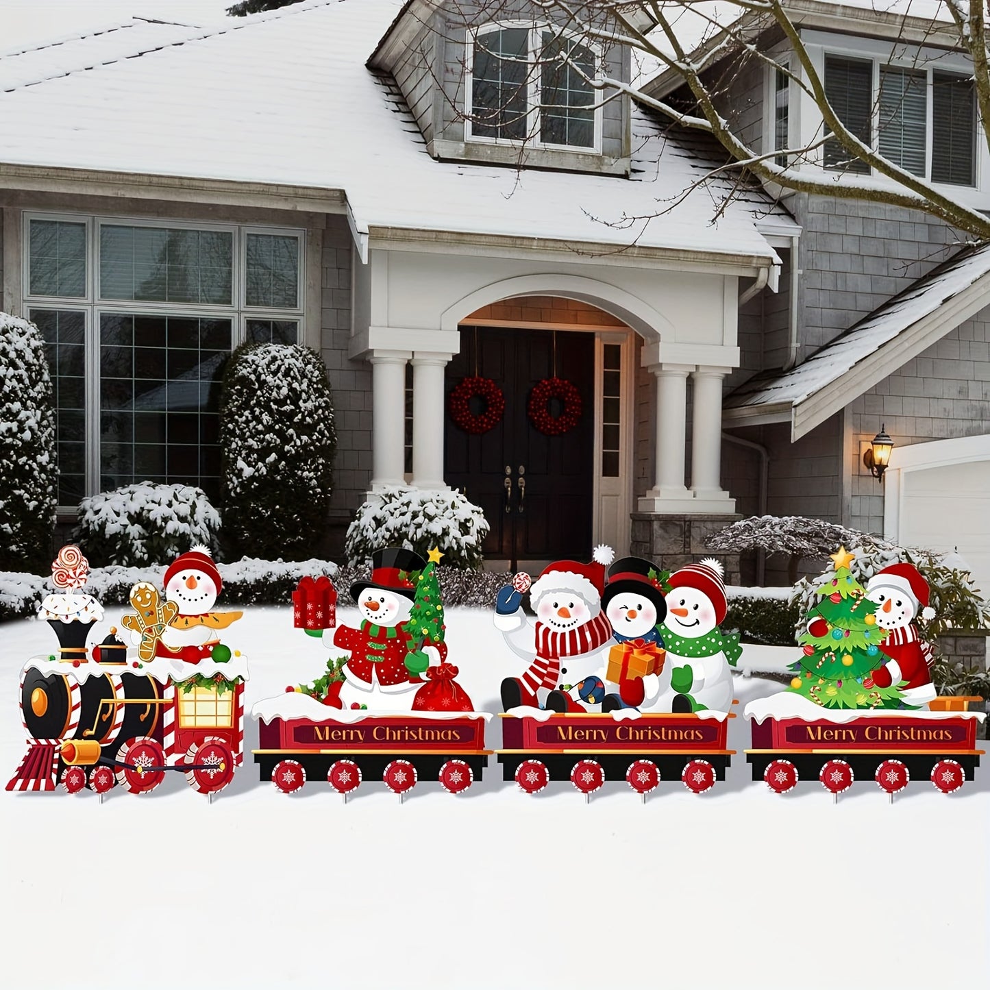 4pcs Snowman Lawn Sign Christmas Decorations – Outdoor Yard Train with 8 Stakes