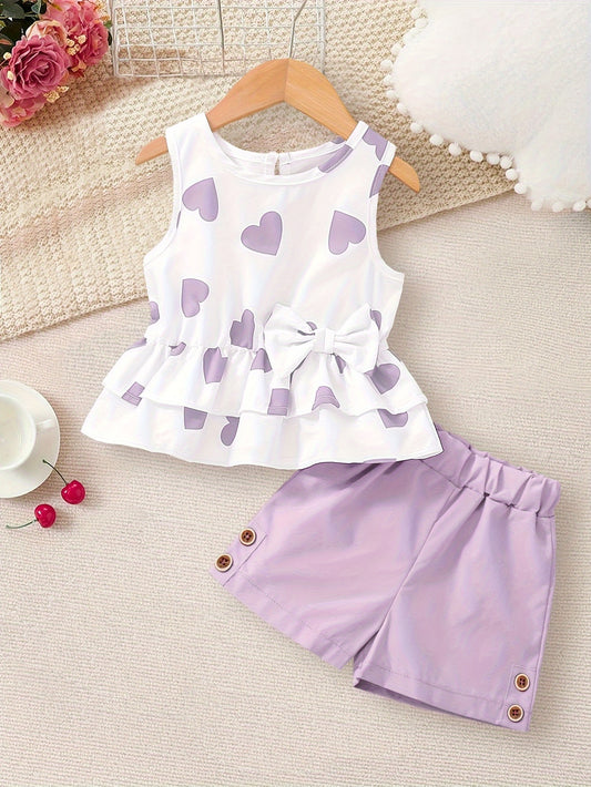 2-Piece Girls’ Purple Heart Tank Top + Shorts Set – Holiday Leisure Outfit