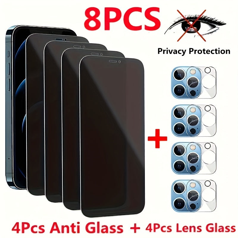 Set of 8 Complete Protection Anti-Spy Tempered Glass for Iphone 15, 14, 13, 12, 11 Pro Max, X, XS, XR, And XS Max, Along with Full Coverage Camera Lens Glass for Iphone 11, 15 Pro Max, Featuring 9H Hardness