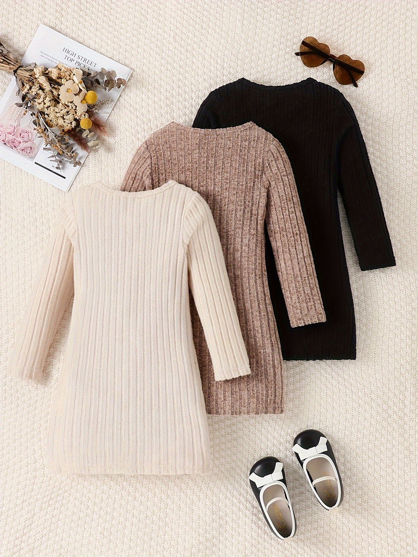 3pcs Solid Ribbed Knit Comfy Dress Set for Girls, Elegant Dresses for Spring Fall Gift, Outdoor Cloth