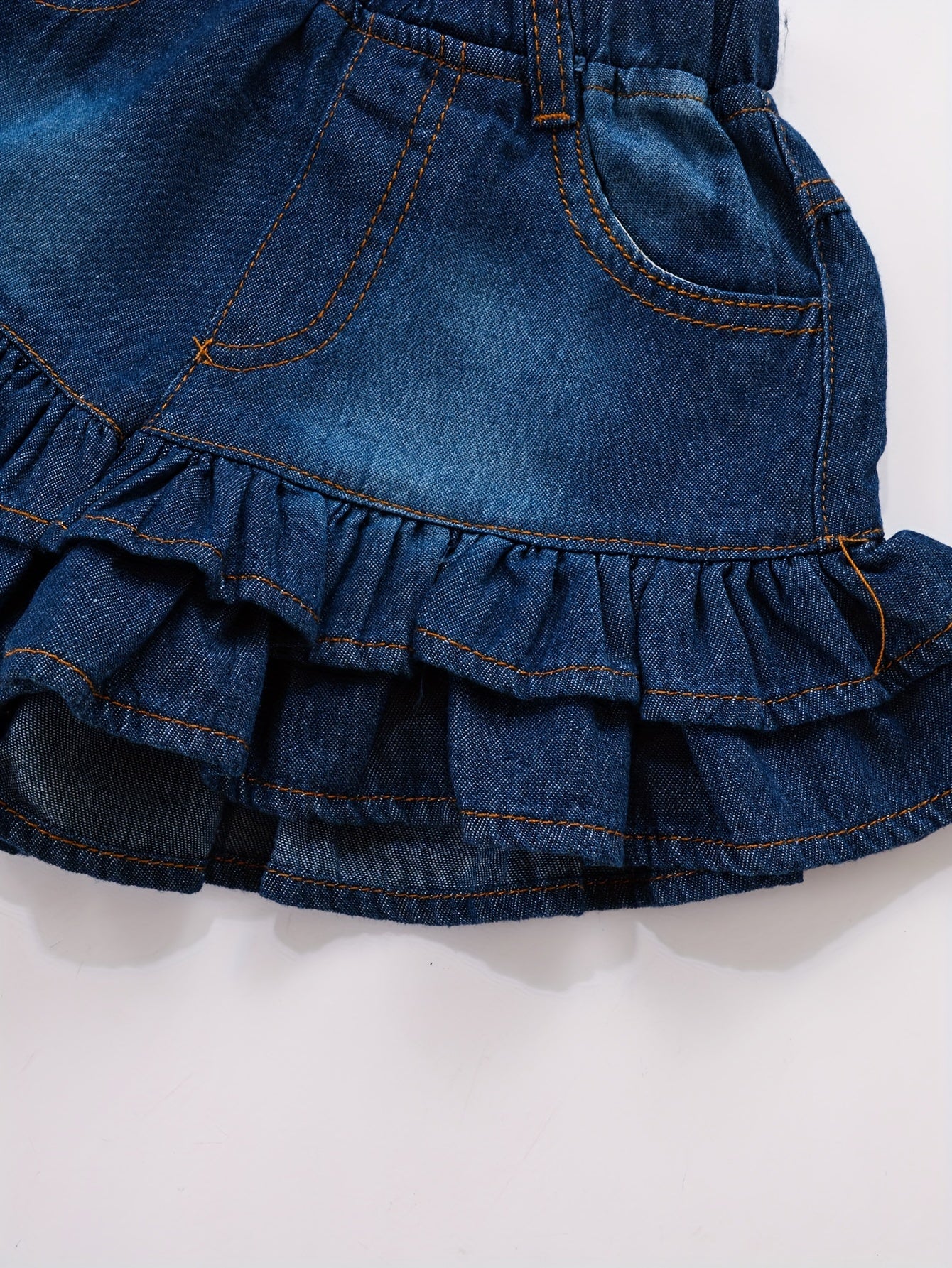 Toddle Girls' Denim Ruffled Hem Shorts, Casual Elastic Waist Denim Short