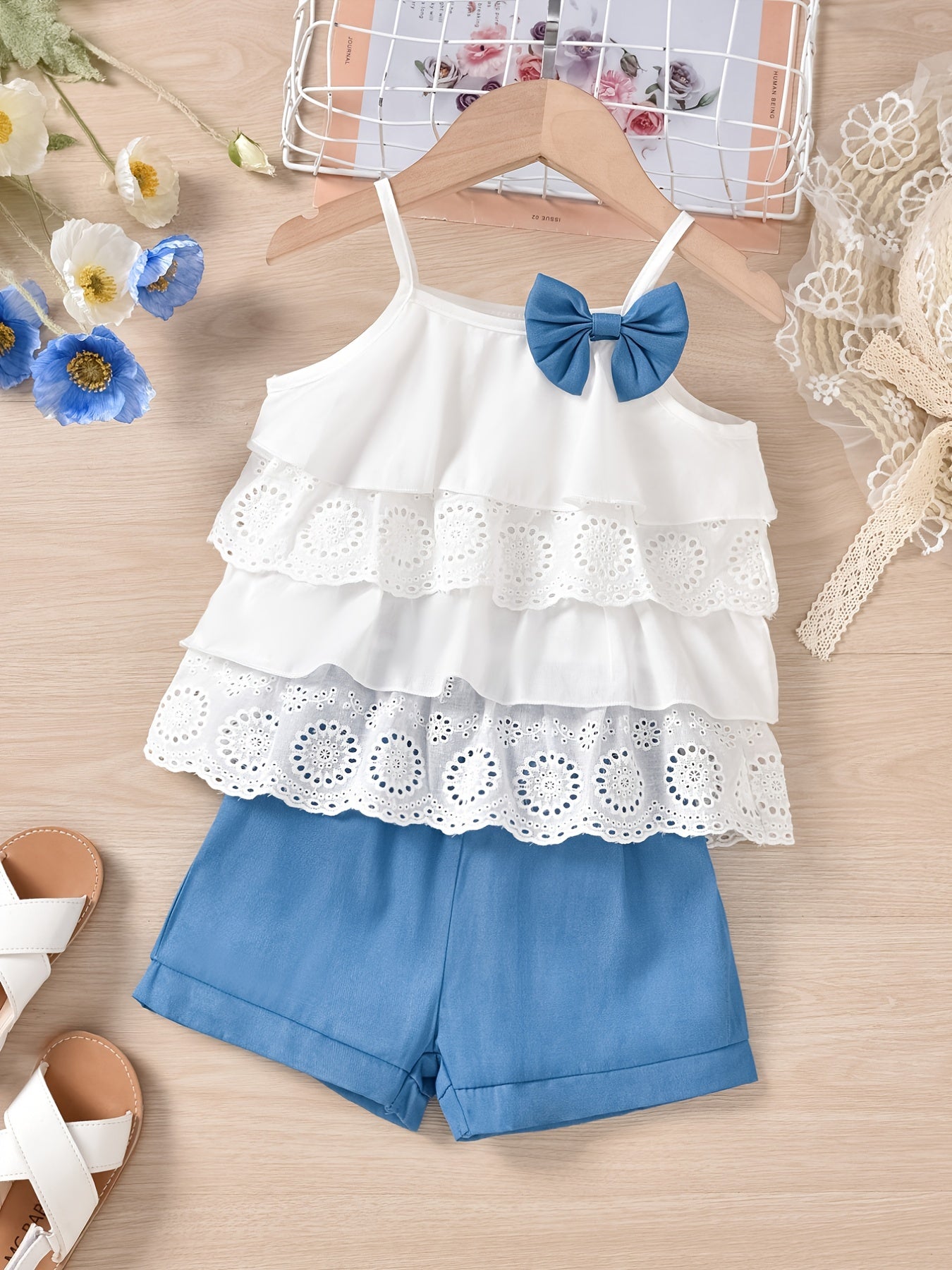 2pcs Ruffles Cami Top & Elastic Waist Plaid Shorts Set - Girls Summer Clothes with Flower Hollow Bow