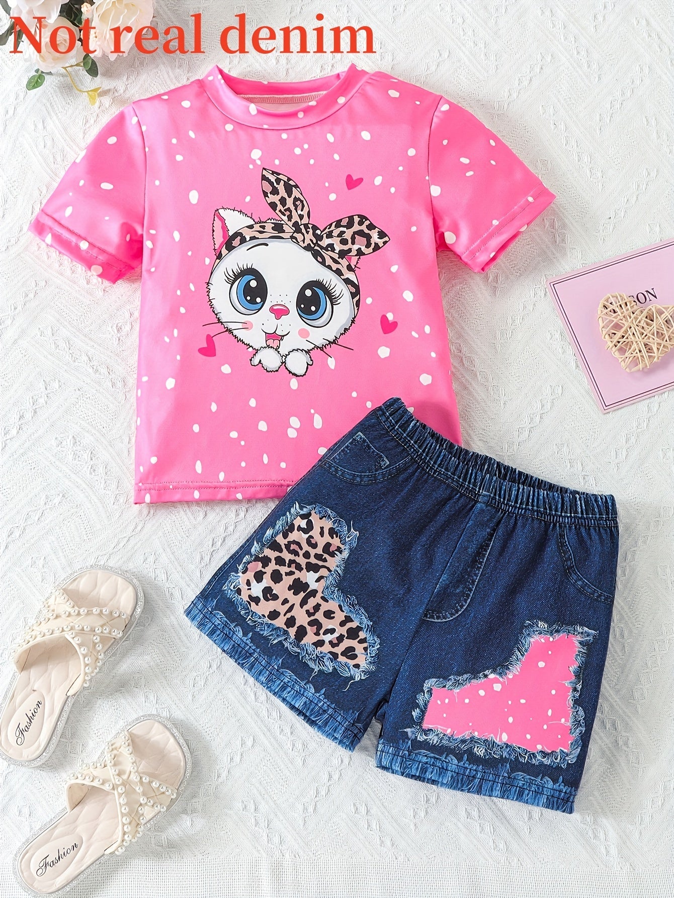 Bowknot Kitty Print Girls 2PCS Short Sleeve Top + Imitation Denim Print Shorts Set, Casual Holiday Summer Outfit