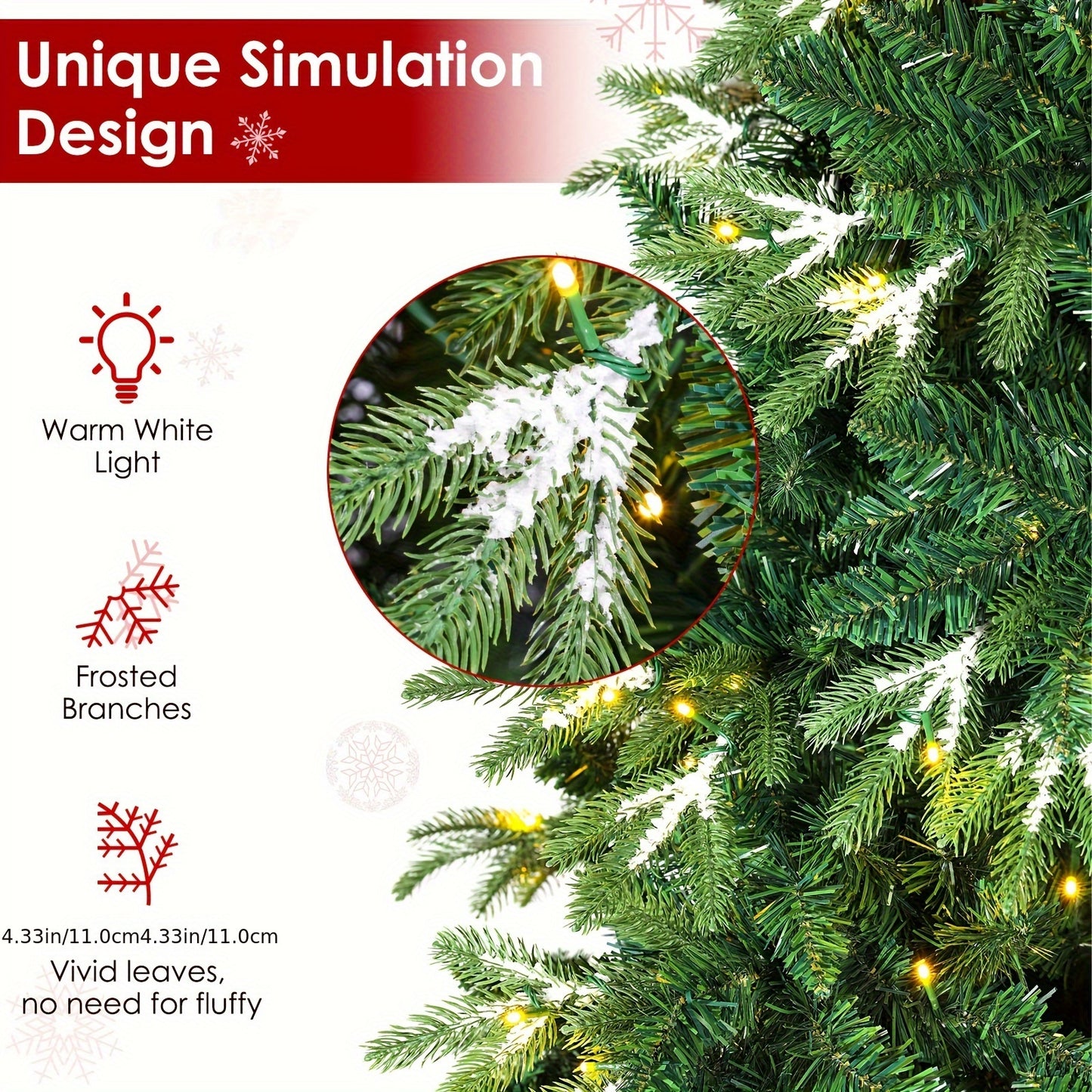 6ft/8ft/9ft PE/PVC Snow Flocked Artificial Christmas Tree, Prelit Spruce Tree With Warm White Lights, Branch Tips, Ice Crystal, Metal Hinges And Stand For Home, Party, Store, Office, Holiday, Decor