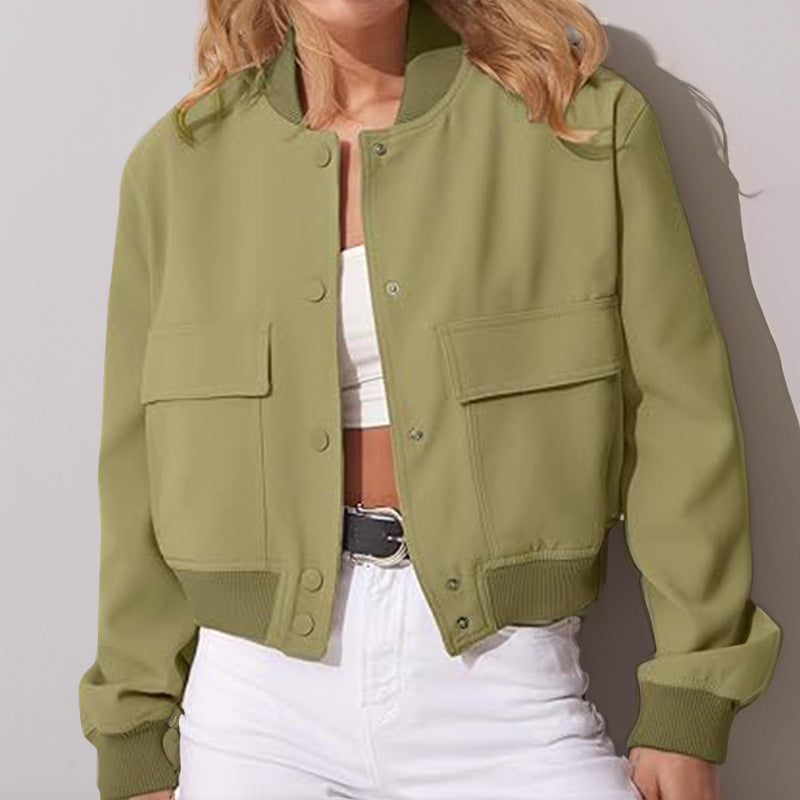 Fashion Button Stand-collar Jacket With Big Pockets Casual Loose Short Outwear