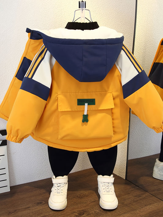 Stylish Kids' Color Block Hooded Jacket - Fleece Lined, Long Sleeve, Zip-Up, Bag-Shaped Pockets