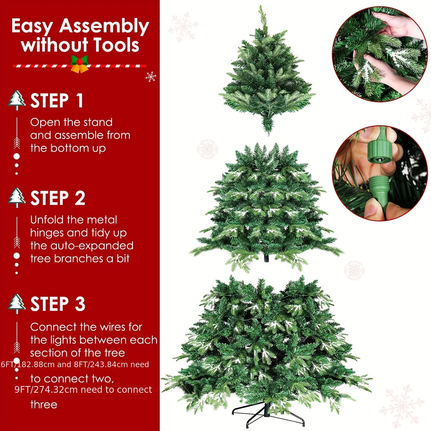 6ft/8ft/9ft PE/PVC Snow Flocked Artificial Christmas Tree, Prelit Spruce Tree With Warm White Lights, Branch Tips, Ice Crystal, Metal Hinges And Stand For Home, Party, Store, Office, Holiday, Decor