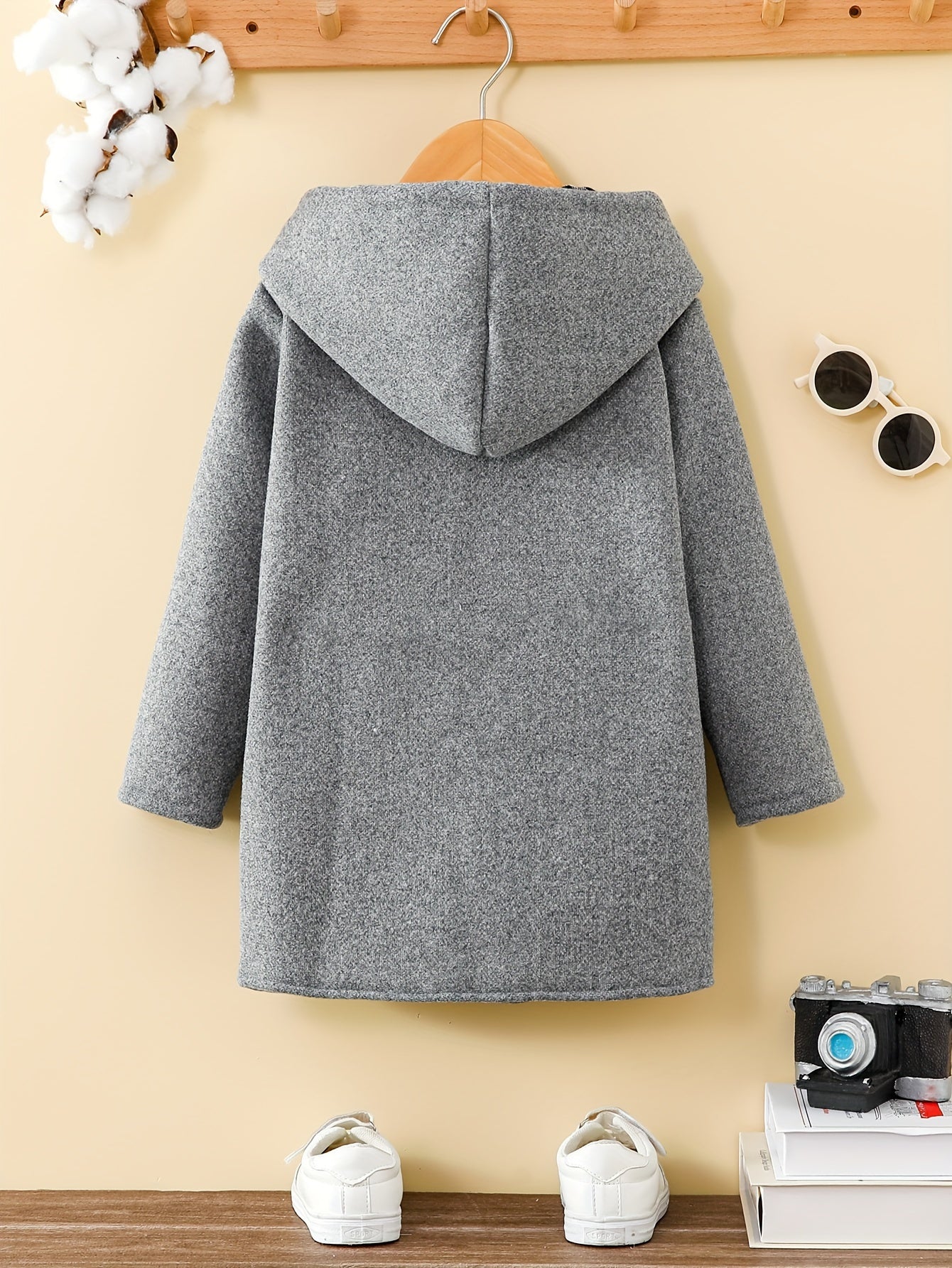 Boys' Cozy Fleece Hooded Jacket with Dual Pockets - Solid Gray, Casual Style for Fall/Winter