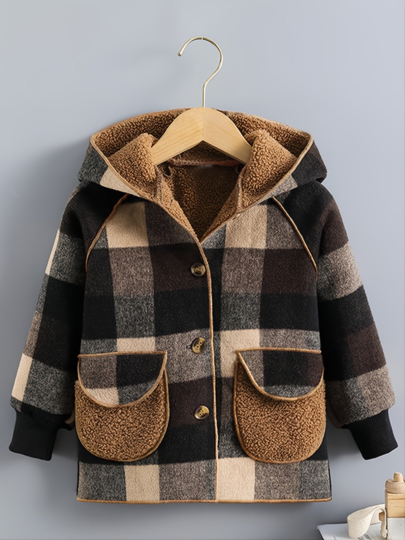 Cozy Boys' Plaid Hooded Jacket - Warm, Button-Front, Soft Plush Lining