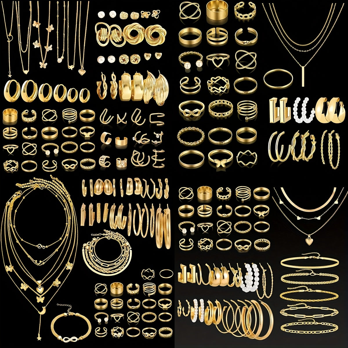 Jewelry Set Including 35/54/58/68pcs Featuring Easy Retro Designs Like Butterflies, Hearts, Faux Pearls, Twisted Knots, Stars, Moons, Wide Rings, Snake Chains, Braided Chains, And Geometric C-Shaped Earrings, Necklaces, Rings