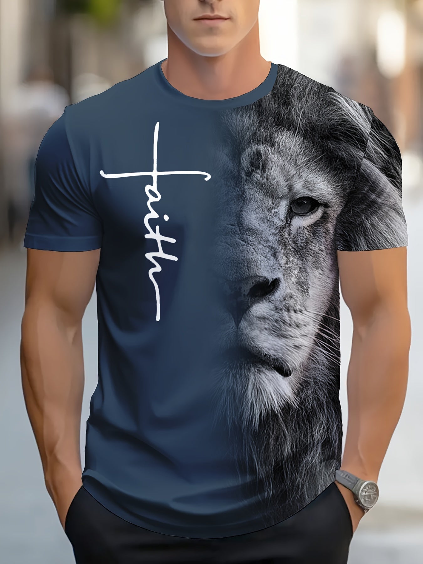 Men's Casual Short Sleeve Crew Neck T-Shirt - 'FAITH' & Lion Splicing Print Comfy Tee, Great Gift Idea