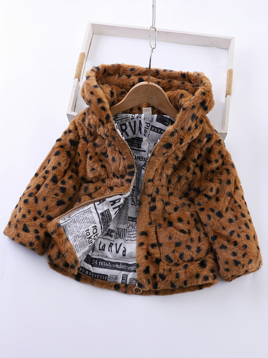 2024 Winter Girl's Fleece Leopard Print Coat, Casual Hooded Jacket For Kids