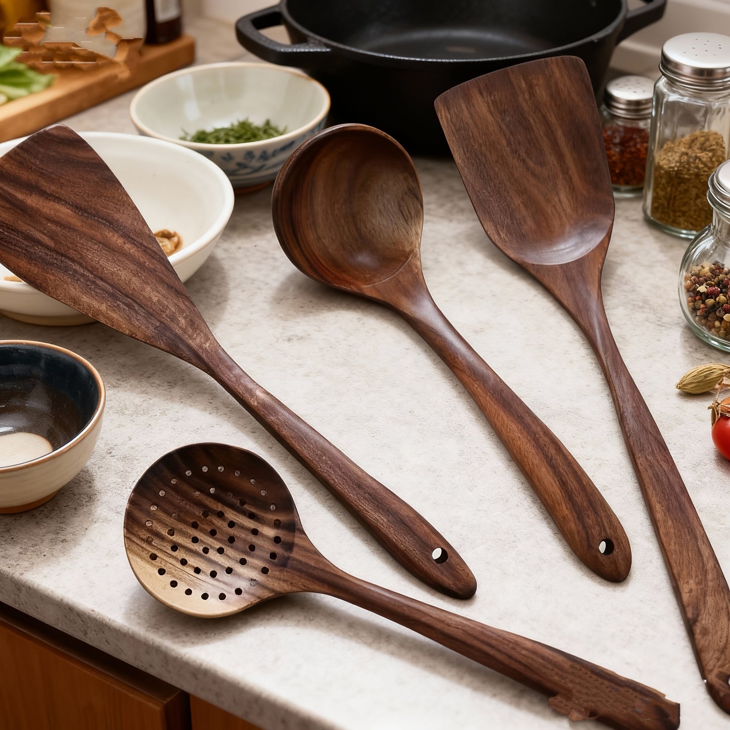 5pcs/3pcs/4pcs Premium Wooden Kitchen Utensil Set - Ergonomic Handles, Natural Wooden Spoon, Stirring Spoon, Soup Spoon Non-Stick Pan Turner, Heat-resistant & Easy to Clean, Durable Kitchen Essential Accessories, Perfect Chri