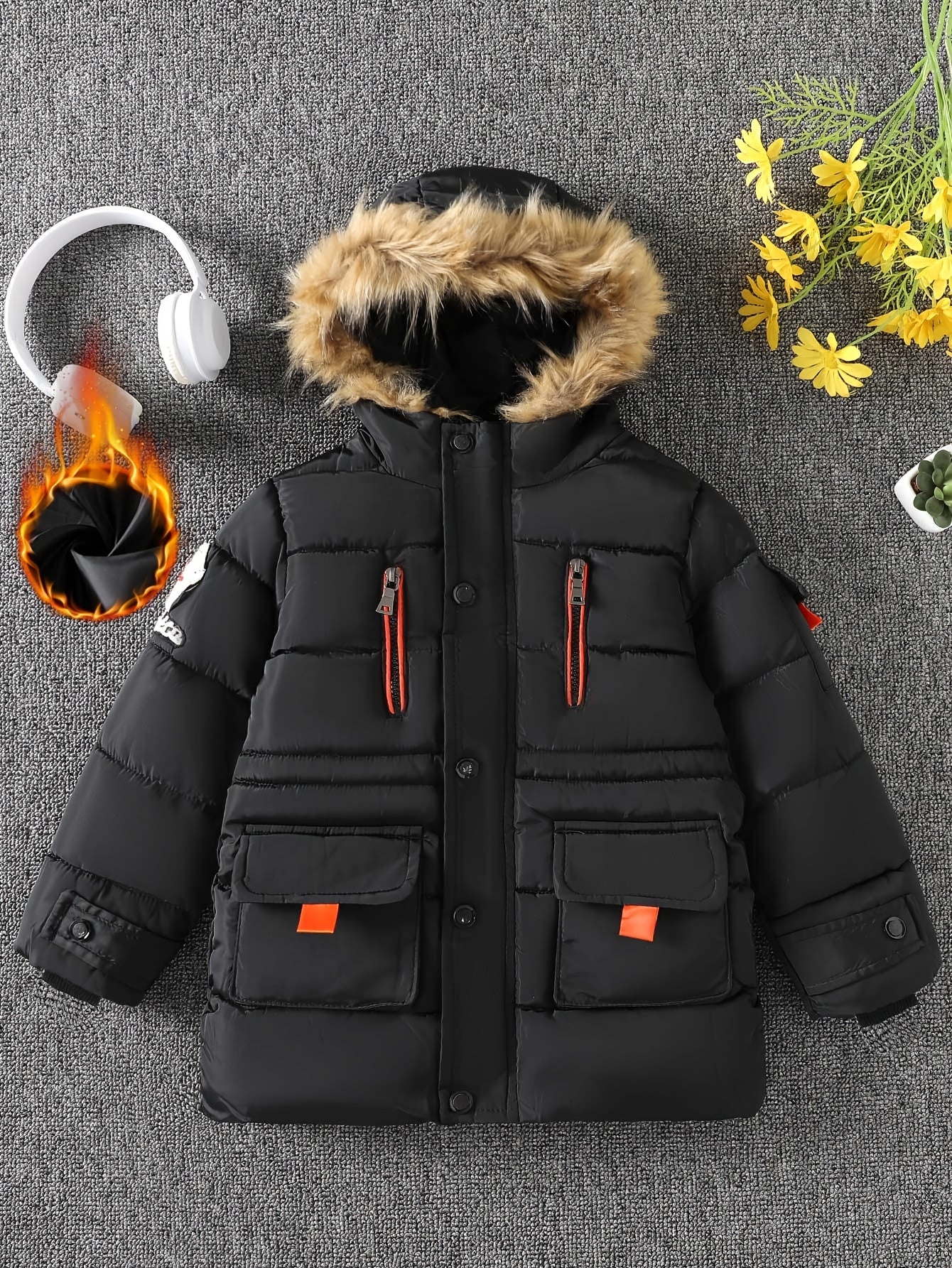 Boys' Cozy Black Hooded Jacket with Star Patch - Warm, Windproof Winter Coat for Youngsters