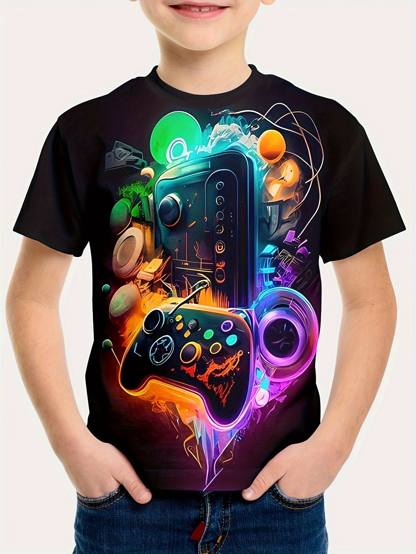 Colorful Game Console 3D Print T-Shirt, Tees For Boys, Casual Short Sleeve T-shirt For Summer Spring Fall