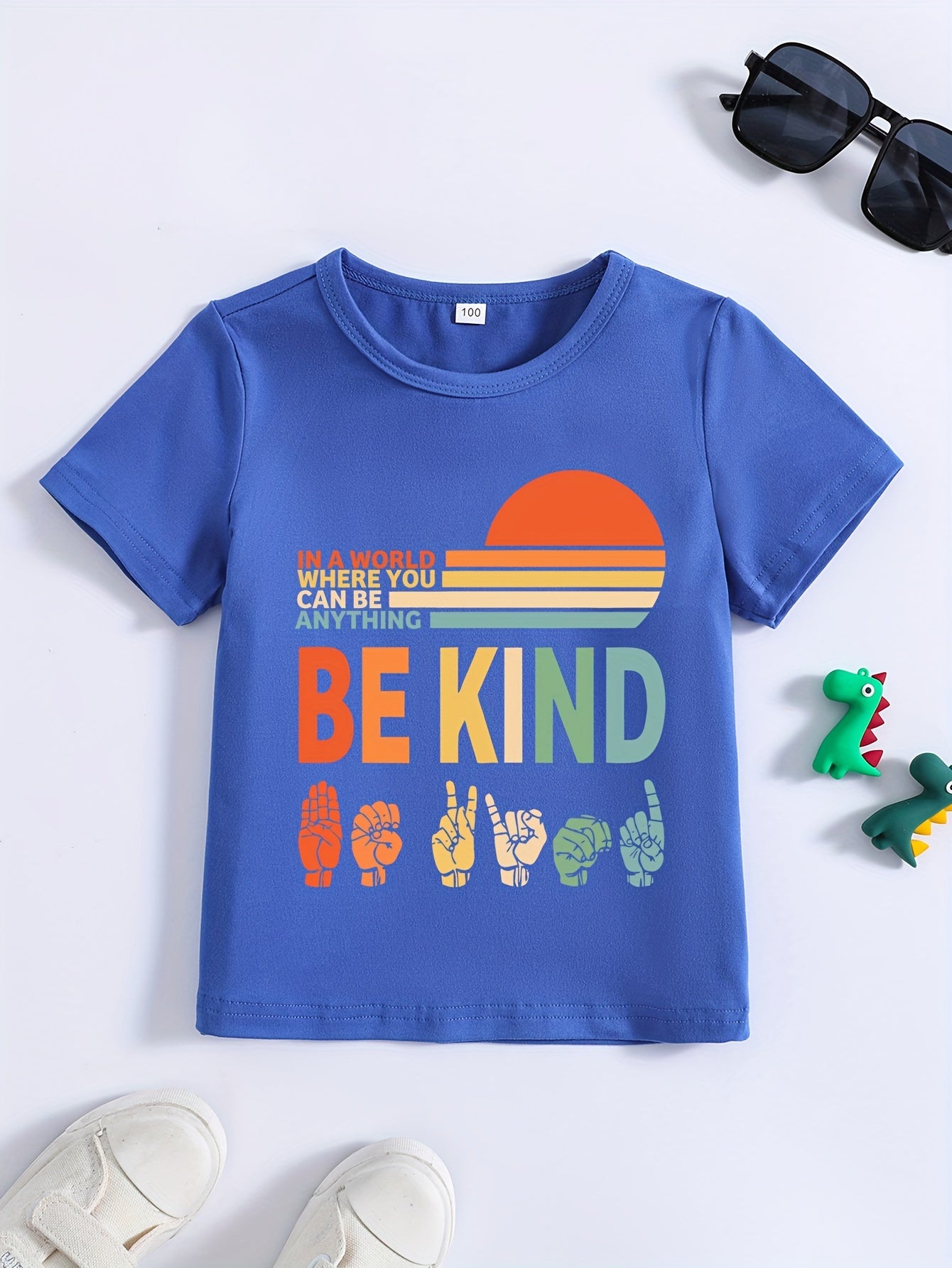 Vibrant BE KIND Print Crew Neck Tee - Soft, Breathable, Short Sleeve, Casual Daily Wear for Boys - Perfect Summer Top for Outdoor Play and School