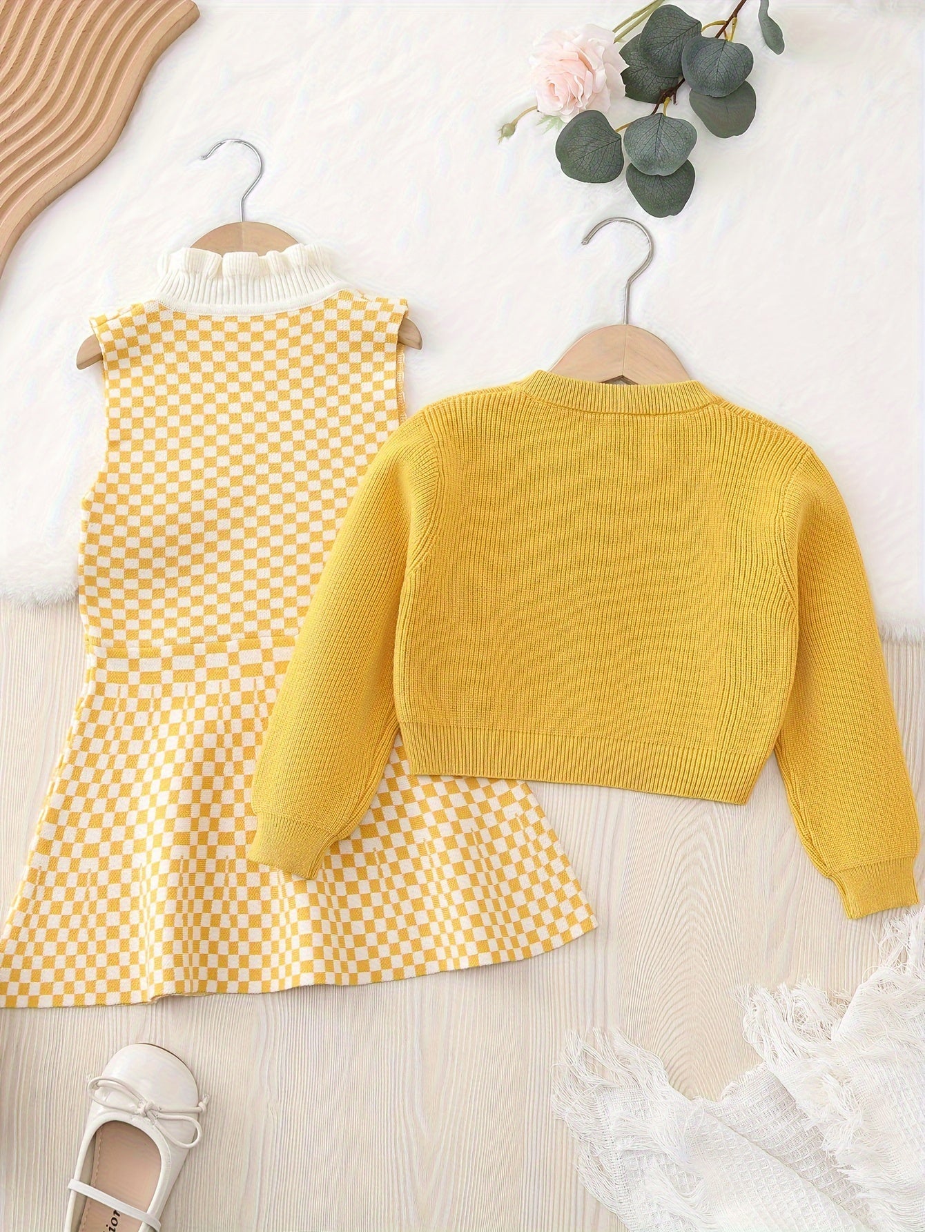 2024 2pcs Knitwear Outfits, Long Sleeve Cardigan + Checkered Ruffle Trim Sleeveless Knit Dress Set for Girls