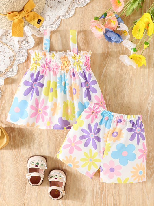 2pcs Toddler Girl’s Flower Pattern Cami Top & Shorts Set – Summer Beach Vacation Outfit