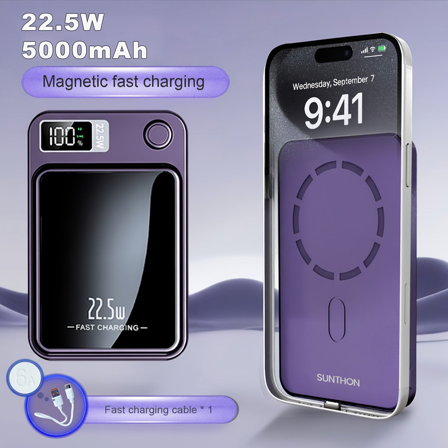 Sunthon Magnetic Wireless Charging Power Bank, 10000/5000mAh Portable Wireless Charger, 22.5W/PD20W Fast Charging Battery Pack, with LED Power Display, 2 Outputs And Dual Input External Battery Pack for iPhone 17/16/15/14/13/