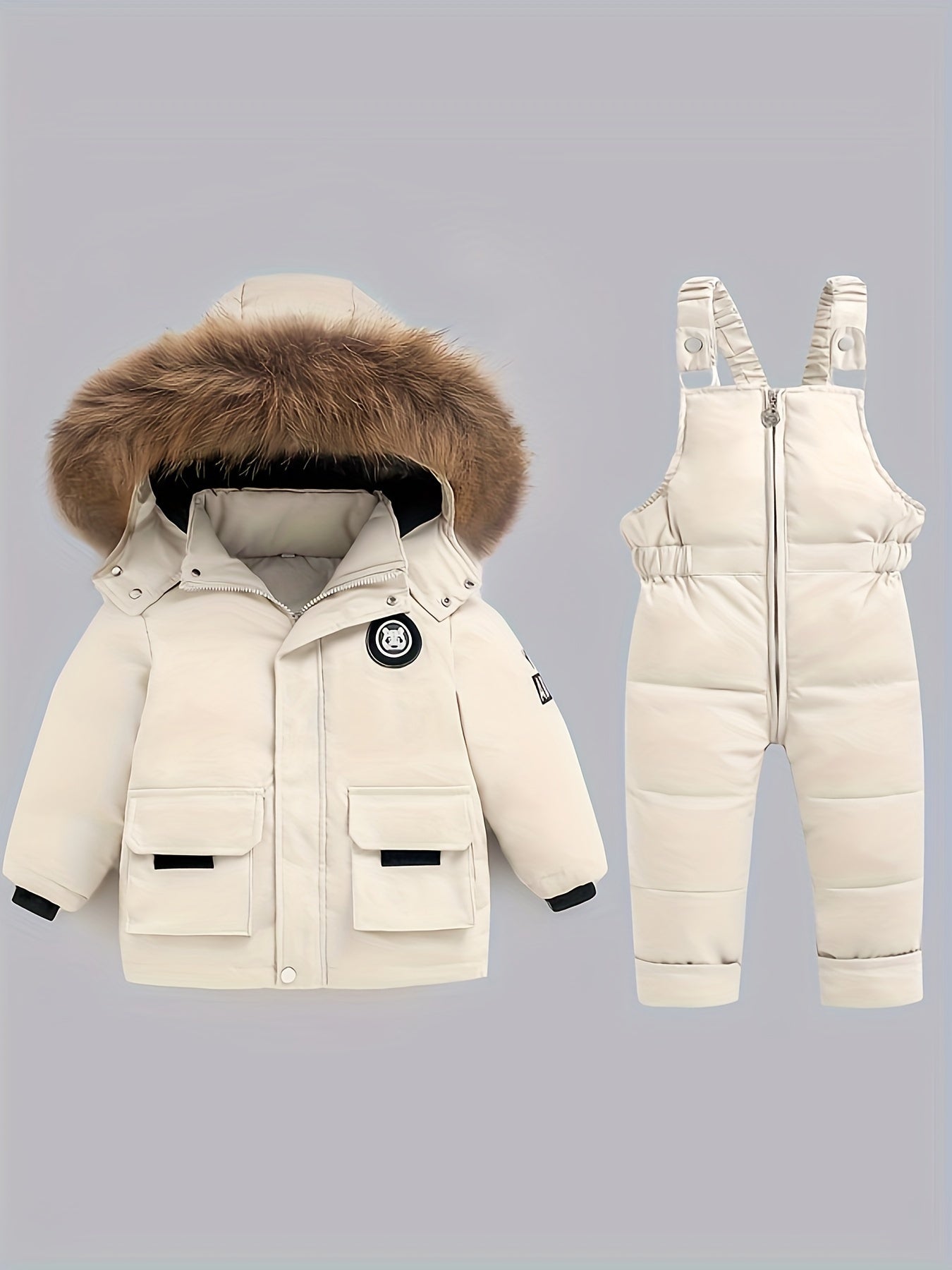 Kids' Winter Warmth: Hooded Down Jacket & Overalls Set - Cozy Polyester, Zip-Up, Non-Stretch, Letter Print, Long Sleeve, No-Belt, Regular Fit for Boys & Girls - Perfect for Outdoor Play