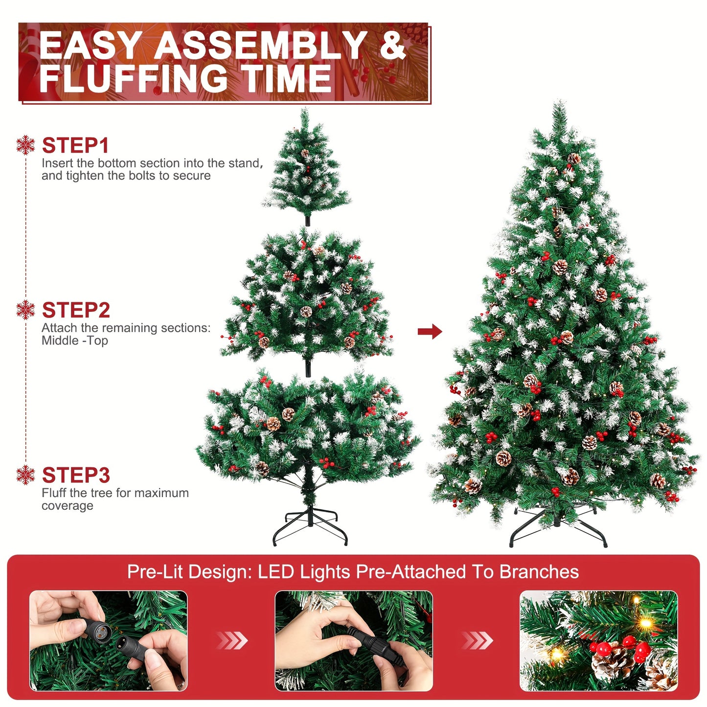 6 Ft Prelit Artificial Christmas Tree – 800 PVC Tips, 250 Warm White LED Lights, Hinged Branches & Metal Stand