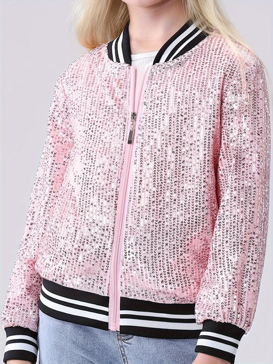 Sparkling Mebius Girls' Sequin Jacket - Long Sleeve Lightweight Zipper Bomber Jacket with Pockets for Kids 6-12 Years Old - Outerwear for School and Casual Wear