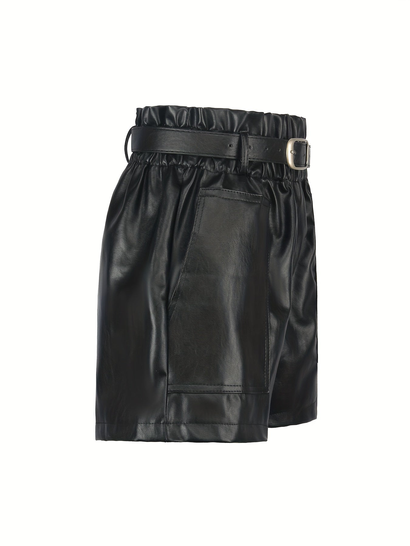 Faux Leather Shorts High Waisted Elastic Band Belted Shorts Flared Leg Faux Leather Shorts