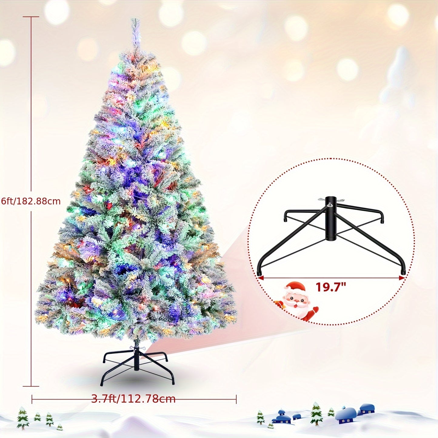 250 Multi-Color Lights 6FT Pre-lit Snow Flocked HOMDOX Artificial Christmas Tree with 640 PVC Branch Tips, 11 Adjustable Flash Rate Modes, Foldable Metal Stand, Hinged Branches