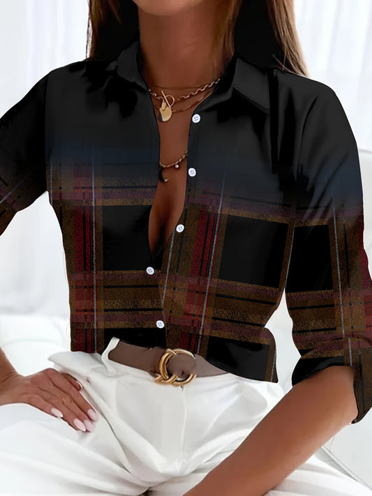 Stylish Plaid Print Long Sleeve Button Up Shirt - Women's Blouses - Elegant Lapel Collar, Classic Fit, Comfortable Wear, Perfect for Office or Casual Occasions