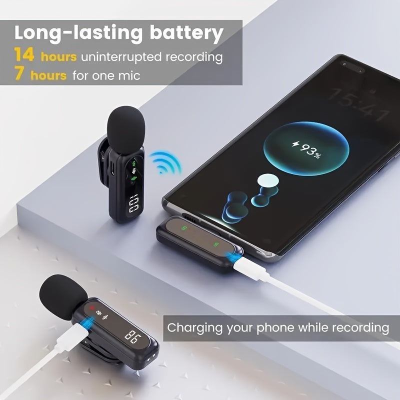 Professional Wireless Lavalier Microphone with Digital Battery Display, Feather Windshield, 360° Omnidirectional, USB-C Connector, 100ft Range, 2.4G Wireless Function, DSP Chip Professional Noise Reduction, Rotatable Magneti