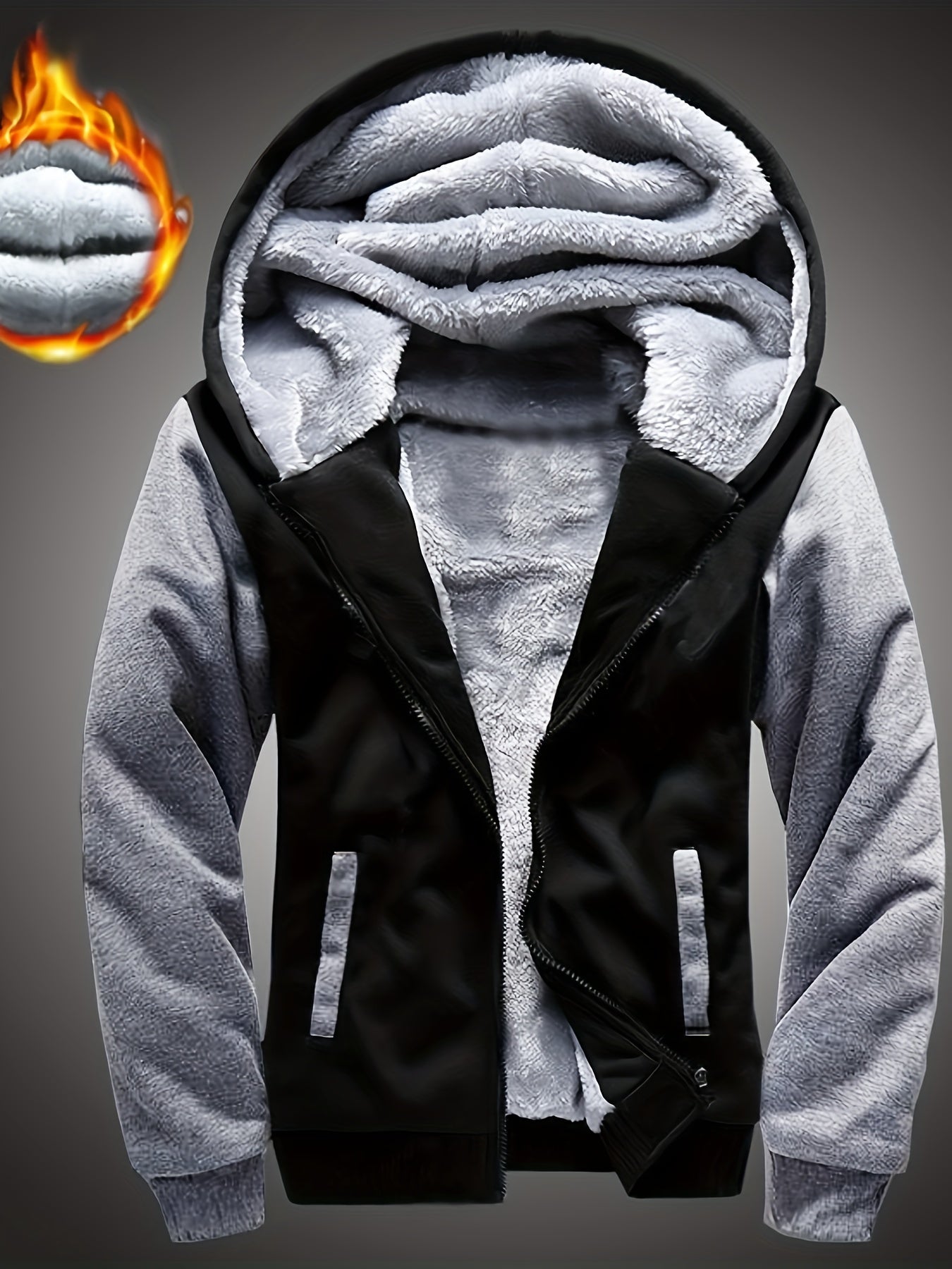 Boys Thick Fleece Lining Jacket, Warm Zip Up Hooded Coat, Casual Color Clash Zipper Hoodie